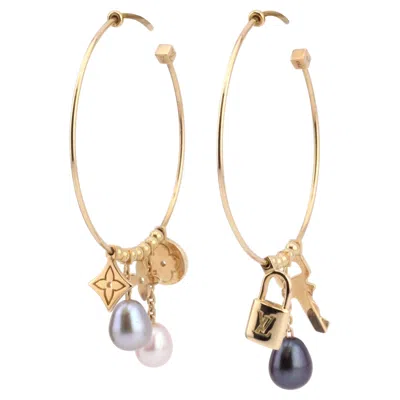 Pre-owned Louis Vuitton Lock Key Charm Pearl 18k Yellow Gold Hoop Earrings