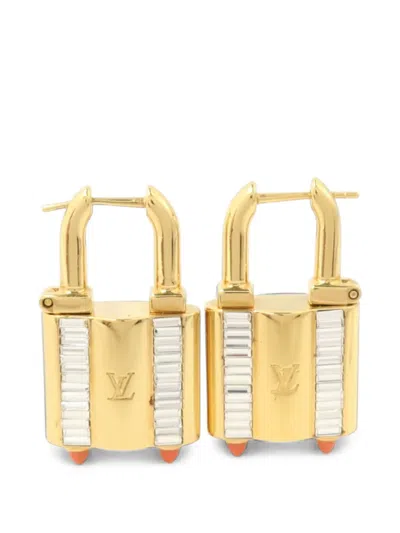 Pre-owned Louis Vuitton Lock Me Padlock-shape Earrings In Gold