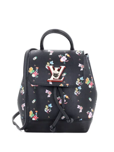 Pre-owned Louis Vuitton Lockme Floral Printed Leather Mini Backpack In Black