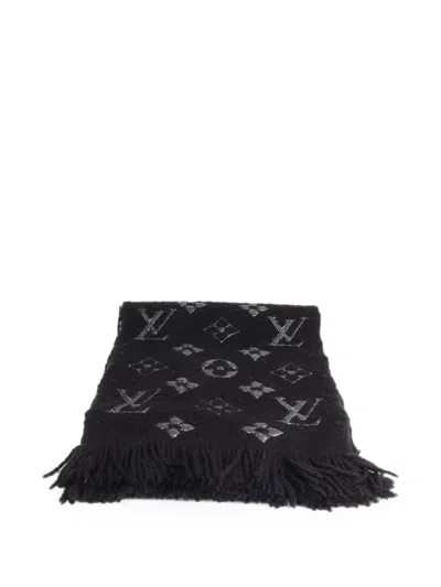 Pre-owned Louis Vuitton Logomania Fringed Scarf In Black