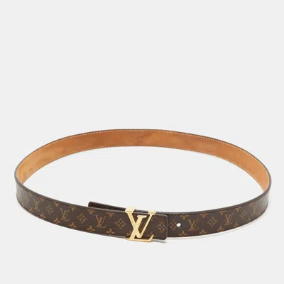 Pre-owned Louis Vuitton Lv Initiales 85 Cm Slim Buckle Belt Monogram Mini Canvas In Brown