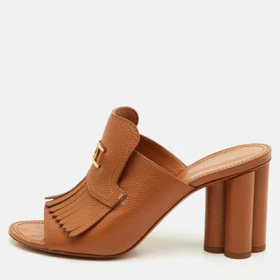 Pre-owned Louis Vuitton Lv Logo Fringe Trim Size 40 Brown Leather Slide Sandals