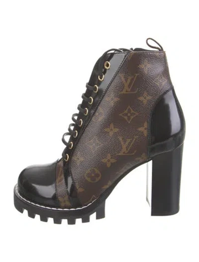 Pre-owned Louis Vuitton Lv Monogram Canvas Lace-up Boots In Brown