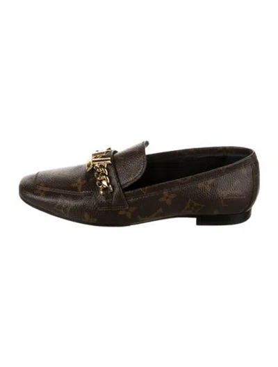 Pre-owned Louis Vuitton Lv Monogram Chain-link Accents Loafers In Brown