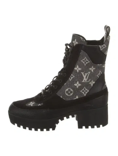 Pre-owned Louis Vuitton Lv Monogram Denim Combat Boots In Black