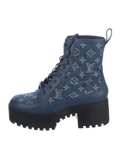 Pre-owned Louis Vuitton Lv Monogram Denim Combat Boots In Blue
