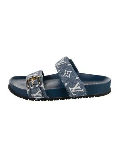 Pre-owned Louis Vuitton Lv Monogram Denim Slides In Blue