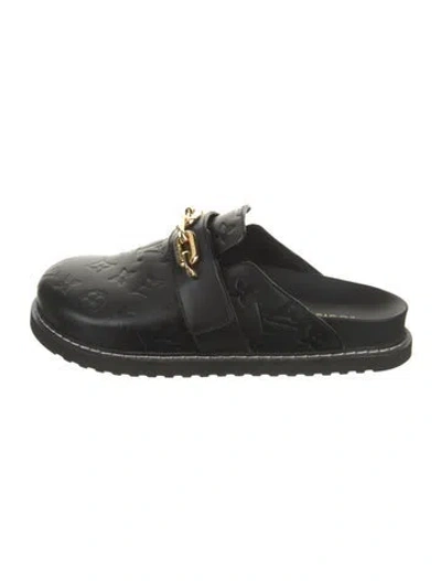 Pre-owned Louis Vuitton Lv Monogram Embossed Leather Mules In Black
