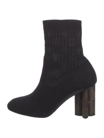 Pre-owned Louis Vuitton Lv Monogram Embroidered Accent Sock Boots In Black