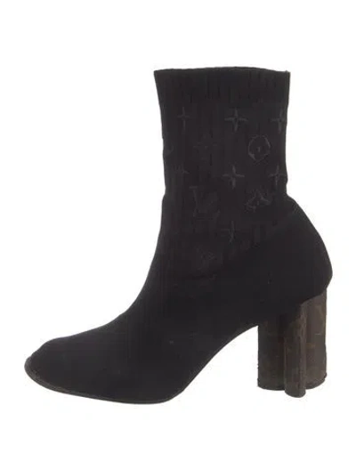 Pre-owned Louis Vuitton Lv Monogram Embroidered Accent Sock Boots In Black
