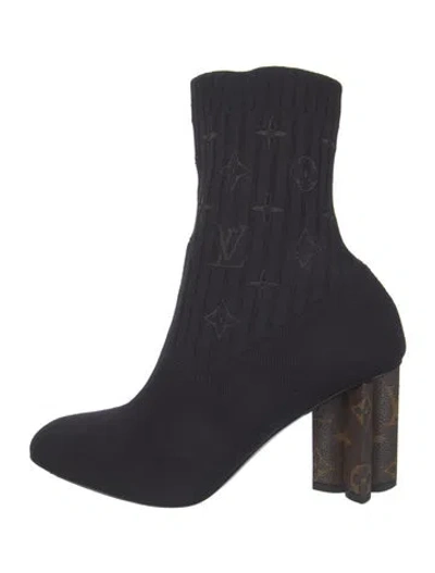 Pre-owned Louis Vuitton Lv Monogram Embroidered Accent Sock Boots In Black