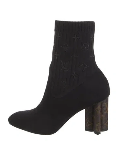 Pre-owned Louis Vuitton Lv Monogram Embroidered Accent Sock Boots In Black