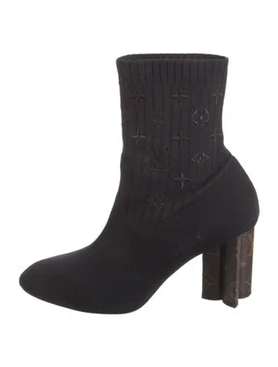 Pre-owned Louis Vuitton Lv Monogram Embroidered Accent Sock Boots In Black
