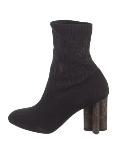 Pre-owned Louis Vuitton Lv Monogram Embroidered Accent Sock Boots In Black