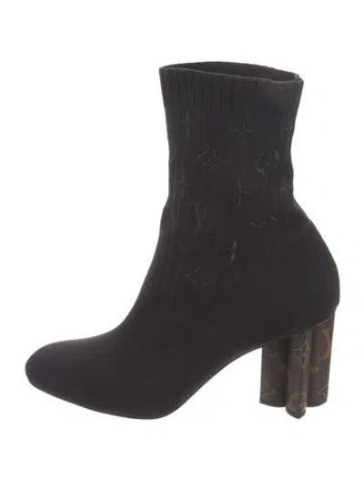 Pre-owned Louis Vuitton Lv Monogram Embroidered Accent Sock Boots In Black