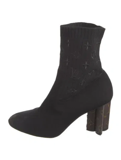 Pre-owned Louis Vuitton Lv Monogram Embroidered Accent Sock Boots In Black