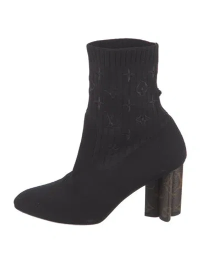 Pre-owned Louis Vuitton Lv Monogram Embroidered Accent Sock Boots In Black