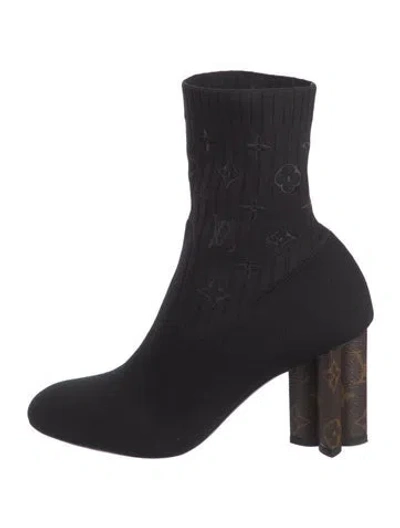 Pre-owned Louis Vuitton Lv Monogram Embroidered Accent Sock Boots In Black