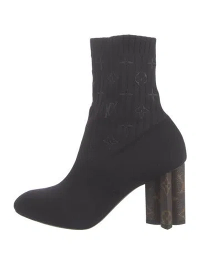 Pre-owned Louis Vuitton Lv Monogram Embroidered Accent Sock Boots In Black