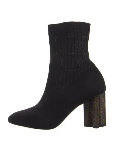 Pre-owned Louis Vuitton Lv Monogram Embroidered Accent Sock Boots In Black