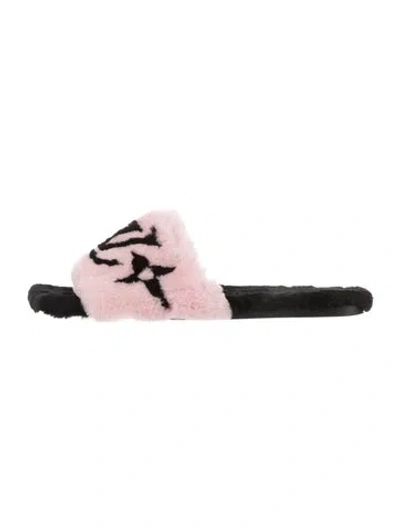 Pre-owned Louis Vuitton Lv Monogram Faux Fur Slides In Pink