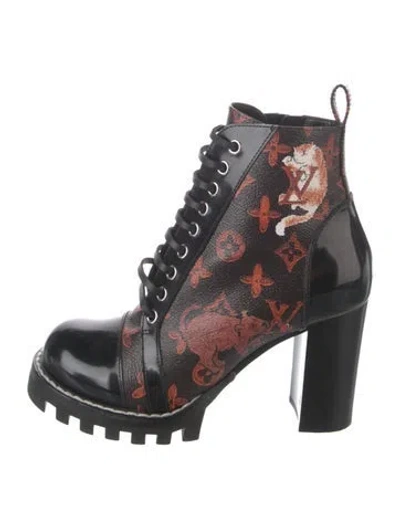 Pre-owned Louis Vuitton Lv Monogram Lace-up Boots In Black/brown/orange