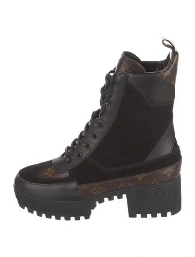 Pre-owned Louis Vuitton Lv Monogram Leather Combat Boots In Black