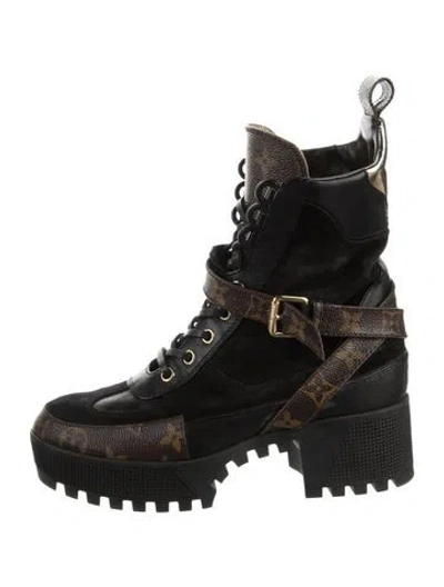 Pre-owned Louis Vuitton Lv Monogram Leather Combat Boots In Black