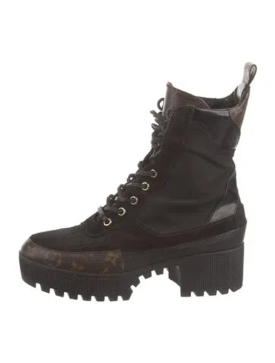 Pre-owned Louis Vuitton Lv Monogram Leather Combat Boots In Black