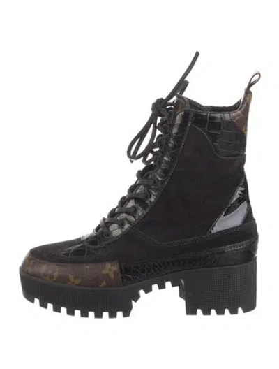 Pre-owned Louis Vuitton Lv Monogram Leather Lace-up Boots In Black