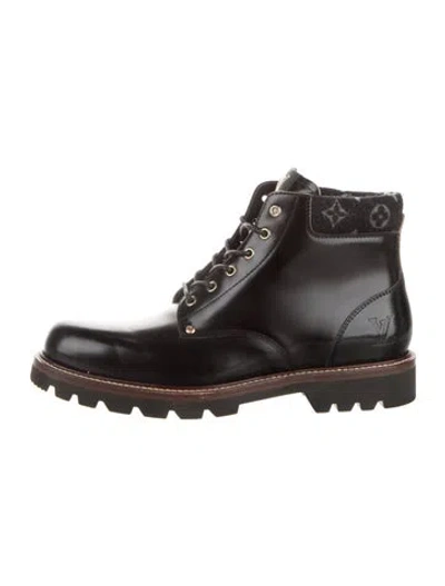 Pre-owned Louis Vuitton Lv Monogram Leather Lace-up Boots In Black/brown