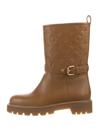 Pre-owned Louis Vuitton Lv Monogram Leather Moto Boots In Brown