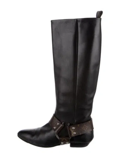 Pre-owned Louis Vuitton Lv Monogram Leather Riding Boots In Black