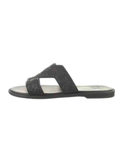 Pre-owned Louis Vuitton Lv Monogram Leather Slides In Black