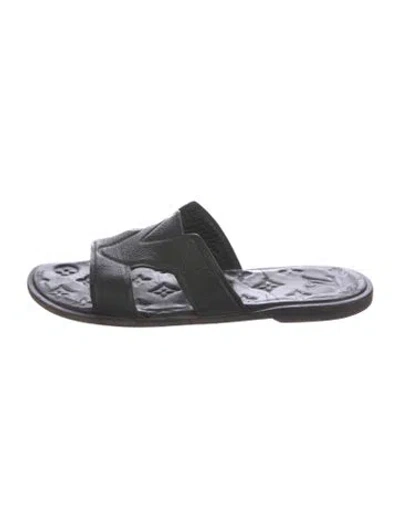 Pre-owned Louis Vuitton Lv Monogram Leather Slides In Black