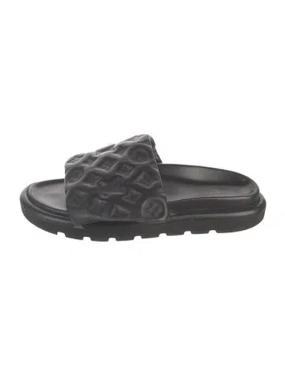 Pre-owned Louis Vuitton Lv Monogram Leather Slides In Black