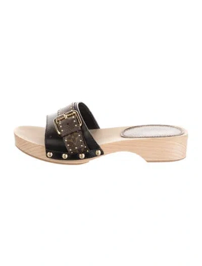 Pre-owned Louis Vuitton Lv Monogram Leather Slides In Black