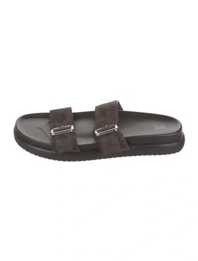 Pre-owned Louis Vuitton Lv Monogram Leather Slides In Brown