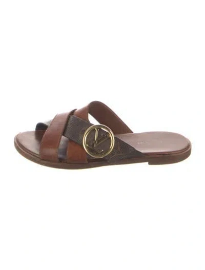 Pre-owned Louis Vuitton Lv Monogram Leather Slides In Brown