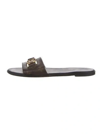Pre-owned Louis Vuitton Lv Monogram Leather Slides In Brown