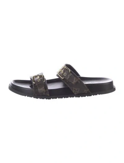 Pre-owned Louis Vuitton Lv Monogram Leather Slides In Brown