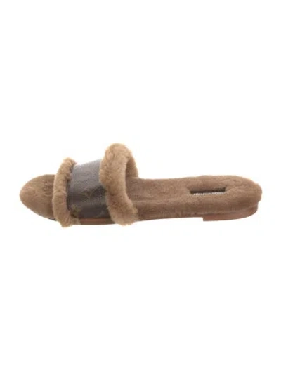 Pre-owned Louis Vuitton Lv Monogram Leather Slides In Brown