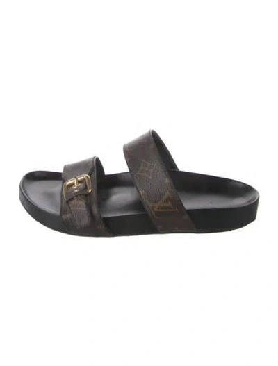 Pre-owned Louis Vuitton Lv Monogram Leather Slides In Brown
