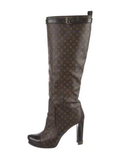 Pre-owned Louis Vuitton Lv Monogram Leather Trim Embellishment Boots In Brown