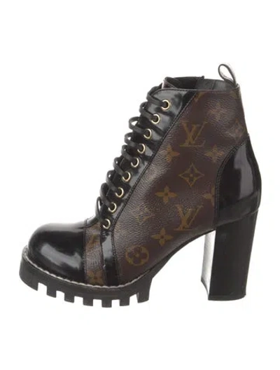Pre-owned Louis Vuitton Lv Monogram Leather Trim Embellishment Boots In Brown