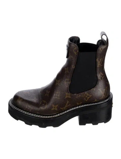 Pre-owned Louis Vuitton Lv Monogram Leather Trim Embellishment Chelsea Boots In Brown