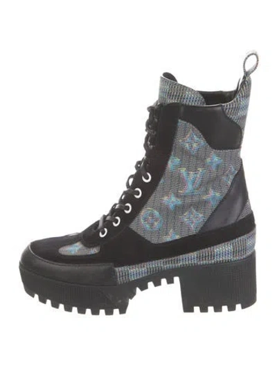 Pre-owned Louis Vuitton Lv Monogram Leather Trim Embellishment Combat Boots In Black