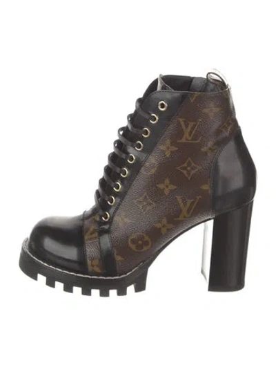 Pre-owned Louis Vuitton Lv Monogram Leather Trim Embellishment Combat Boots In Brown