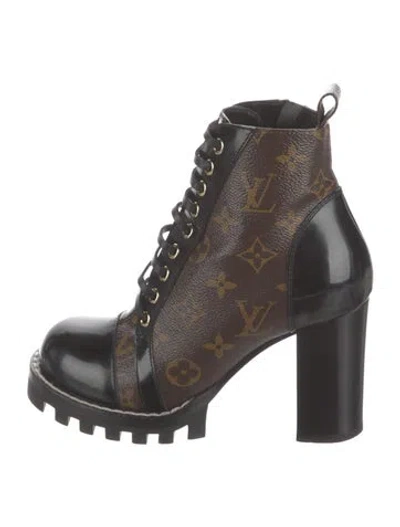 Pre-owned Louis Vuitton Lv Monogram Leather Trim Embellishment Combat Boots In Brown