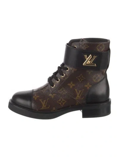 Pre-owned Louis Vuitton Lv Monogram Leather Trim Embellishment Combat Boots In Brown